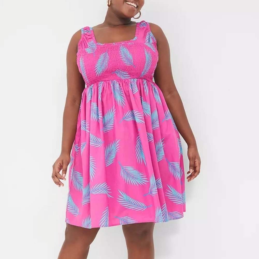 Lane Bryant Smocked Bodice Tsnk Dress Pink with Blue Leaf Pattern